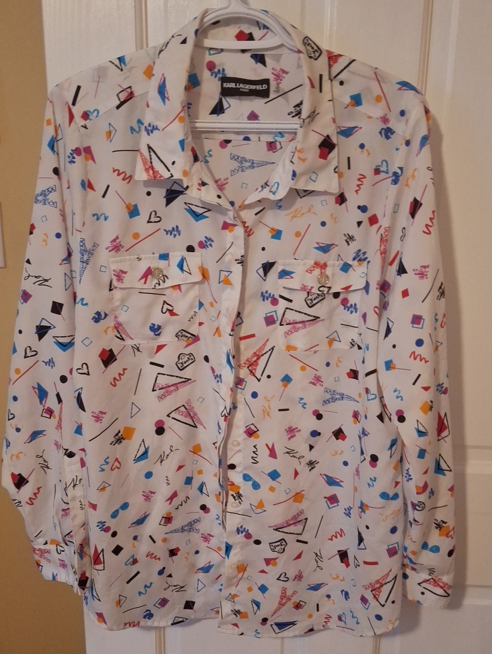 Karl Lagerfeld White Button-Up Shirt with Multicolor Geometric Print